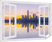 Gards Tuinposter Doorkijk New York Skyline bij Zonsopgang - 180x120 cm - Tuindoek - Tuindecoratie - Wanddecoratie buiten - Tuinschilderij
