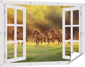 Gards Tuinposter Doorkijk Kudde Bruine Paarden in de Wei - 120x80 cm - Tuindoek - Tuindecoratie - Wanddecoratie buiten - Tuinschilderij