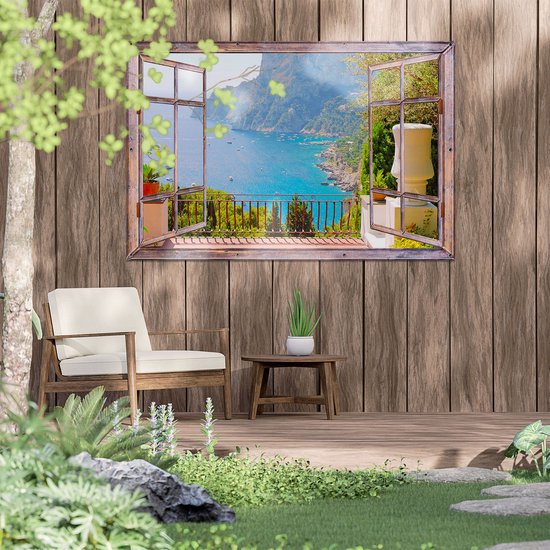 Gards Affiche jardin Vue transparente depuis la terrasse sur Montagnes - 150x100 cm - Toile jardin - Décoration de jardin - Décoration murale extérieur - Tableau jardin