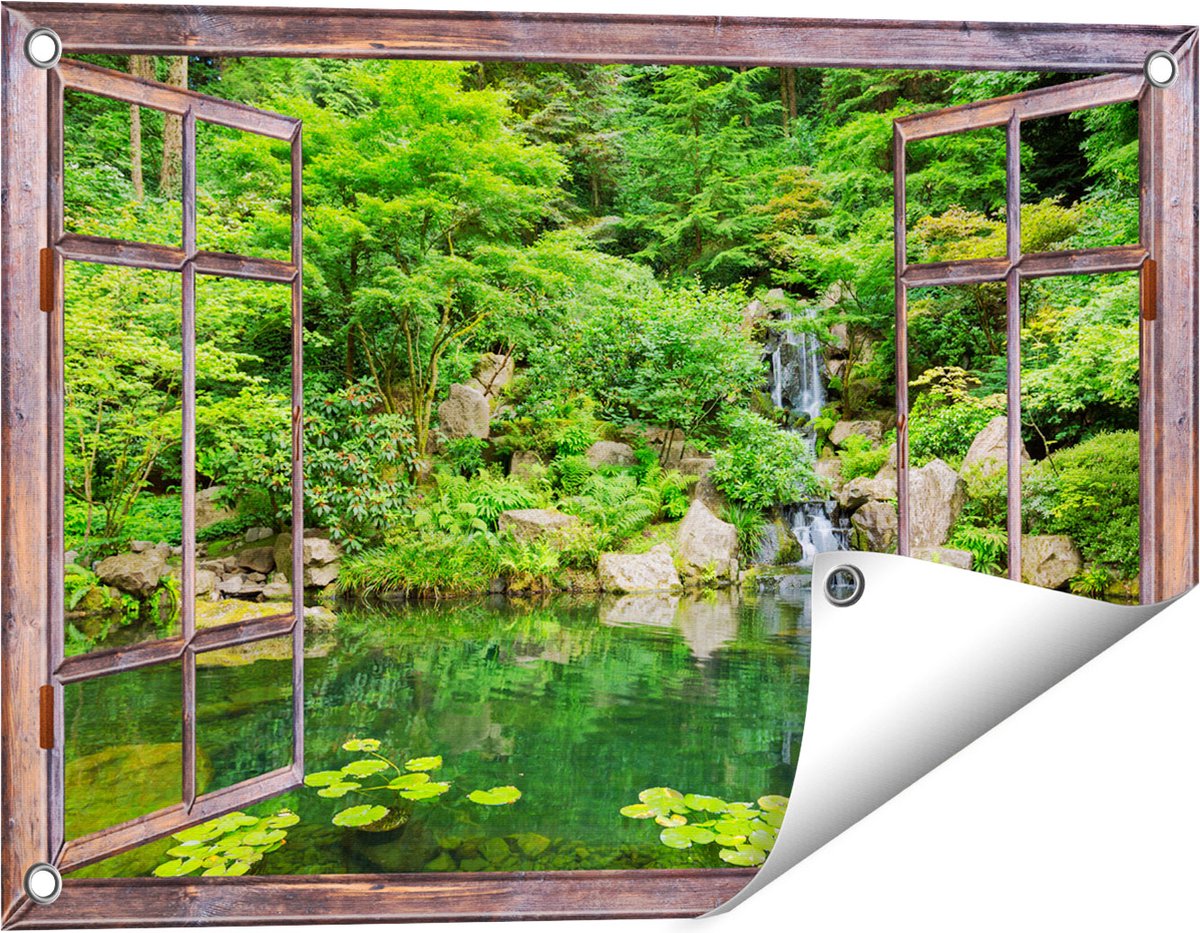 Gards Tuinposter Doorkijk Panorama van Japanse Tuin - 60x40 cm - Tuindoek - Tuindecoratie - Wanddecoratie buiten - Tuinschilderij bruin