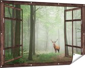 Gards Tuinposter Doorkijk Hert in Bos - 150x100 cm - Tuindoek - Tuindecoratie - Wanddecoratie buiten - Tuinschilderij