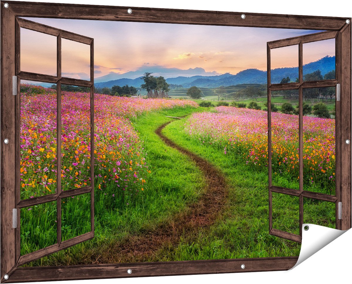 Gards Tuinposter Doorkijk Bergen Landschap bij het Meer - 150x100 cm - Tuindoek