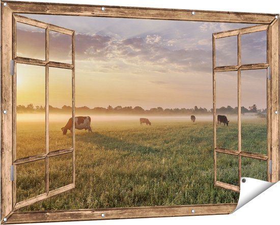 Gards Poster de jardin Vaches transparentes dans la prairie au lever du soleil - 150x100 cm - Toile de jardin - Décoration de jardin - Décoration murale extérieure - Peinture de jardin