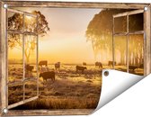 Gards Affiche de jardin Troupeau de vaches transparent dans le pré avec lever de soleil - 60x40 cm - Toile jardin - Décoration de jardin - Décoration murale extérieur - Tableau jardin
