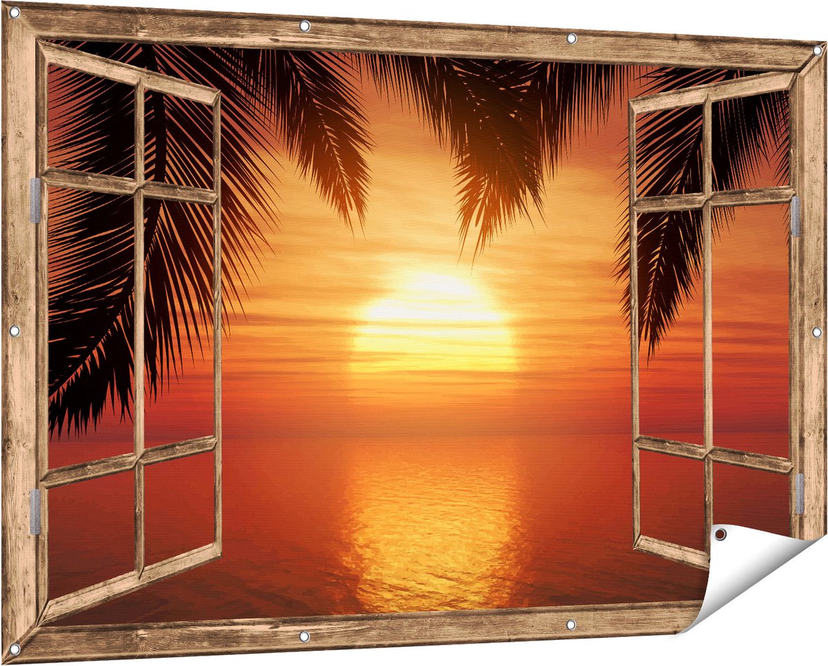 Gards Tuinposter Doorkijk Zonsondergang op het Strand met Palmbomen - 150x100 cm - Tuindoek - Tuindecoratie - Wanddecoratie buiten - Tuinschilderij licht bruin