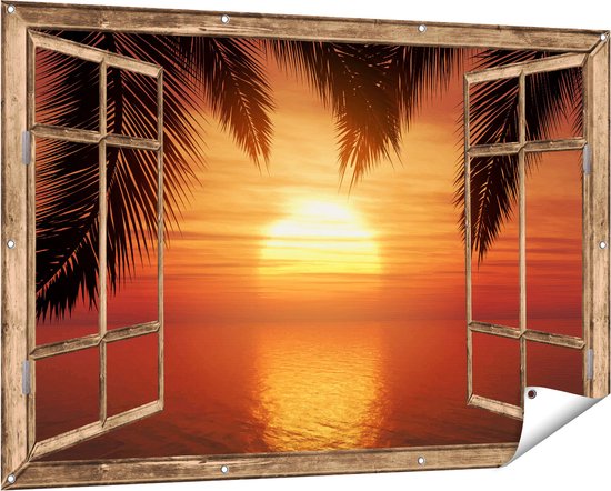 Gars Affiche de jardin Coucher de soleil transparent sur la plage avec Palmiers - 150x100 cm - Toile jardin - Décoration de jardin - Décoration murale extérieur - Tableau jardin