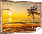 Gards Tuinposter Doorkijk Tropisch Strand tijdens Zonsondergang - 150x100 cm - Tuindoek - Tuindecoratie - Wanddecoratie buiten - Tuinschilderij