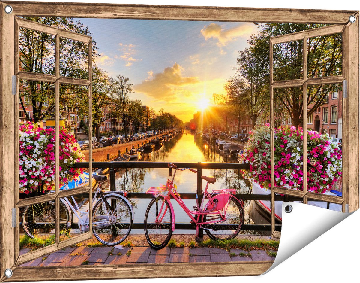 Gards Tuinposter Doorkijk Amsterdamse Brug met Zonsopgang - 90x60 cm - Tuindoek - Tuindecoratie - Wanddecoratie buiten - Tuinschilderij licht bruin