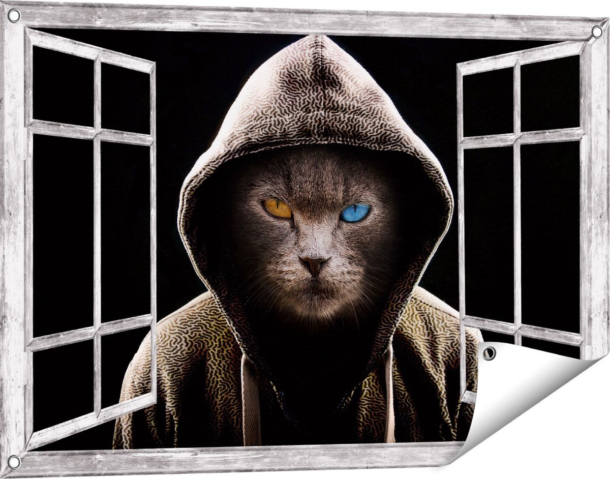 Gards Tuinposter Doorkijk Boze Kat Draagt een Hoodie - 90x60 cm - Tuindoek - Tuindecoratie - Wanddecoratie buiten - Tuinschilderij Grijs