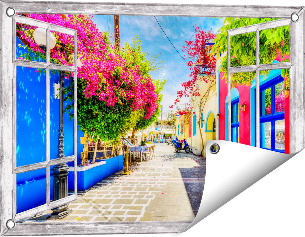 Gards Tuinposter Doorkijk Kleurrijke Straat op het Eiland Kos, Griekenland - 60x40 cm - Tuindoek - Tuindecoratie - Wanddecoratie buiten - Tuinschilderij Grijs