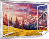 Gards Tuinposter Doorkijk Alpen Landschap met een Kleurrijke Hemel - 150x100 cm - Tuindoek - Tuindecoratie - Wanddecoratie buiten - Tuinschilderij