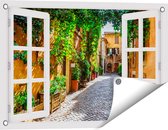 Gards Tuinposter Doorkijk Straatje in Rome met Groene Planten - 60x40 cm - Tuindoek - Tuindecoratie - Wanddecoratie buiten - Tuinschilderij