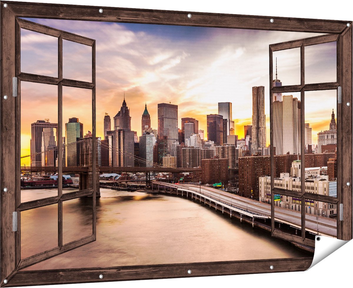 Gards Tuinposter Doorkijk Brooklyn Bridge Brug in New York - 180x120 cm - Tuindoek - Tuindecoratie - Wanddecoratie buiten - Tuinschilderij Multikleur