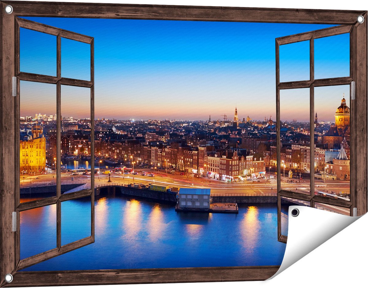 Gards Tuinposter Doorkijk Amsterdam Centrum in de Nacht - 90x60 cm - Tuindoek - Tuindecoratie - Wanddecoratie buiten - Tuinschilderij Donker bruin