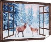 Gards Tuinposter Doorkijk Twee Herten in het Bos met Sneeuw - 180x120 cm - Tuindoek - Tuindecoratie - Wanddecoratie buiten - Tuinschilderij