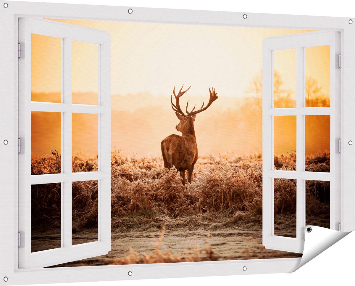 Gards Tuinposter Doorkijk Hert in de Wei tijdens de Zonsopkomst - 150x100 cm - Tuindoek - Tuindecoratie - Wanddecoratie buiten - Tuinschilderij Wit