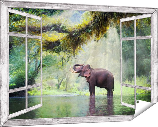 Gars Affiche Jardin Transparente Éléphant Heureux dans l' Water - 150x100 cm - Toile jardin - Décoration de jardin - Décoration murale extérieur - Tableau jardin