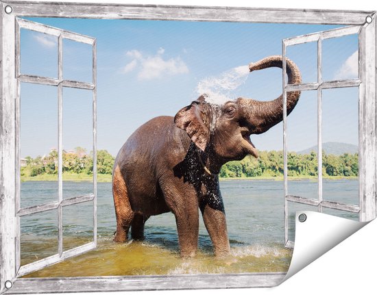 Gards Tuinposter Doorkijk Vrolijke Olifant in het Water - 90x60 cm - Tuindoek - Tuindecoratie - Wanddecoratie buiten - Tuinschilderij