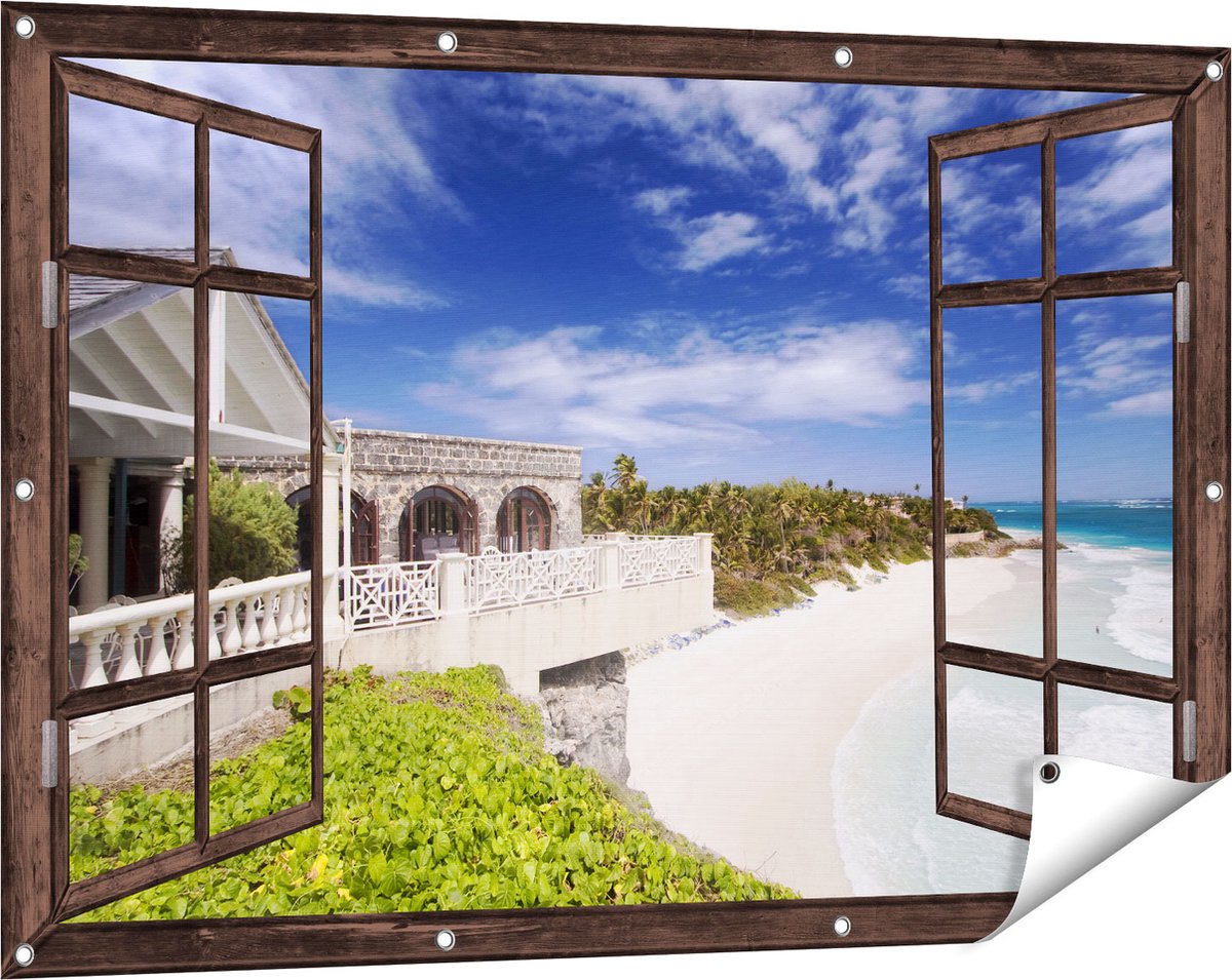 Gards Tuinposter Doorkijk Het Strandhuis - 120x80 cm - Tuindoek - Tuindecoratie - Wanddecoratie buiten - Tuinschilderij Donker bruin