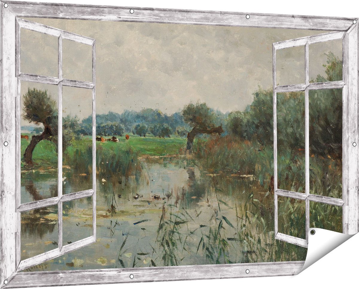 Gards Tuinposter Doorkijk In de Uiterwaarden van de IJssel - Willem Roelofs - 150x100 cm - Tuindoek - Tuindecoratie - Wanddecoratie buiten - Tuinschilderij Grijs