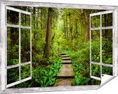 Gards Tuinposter Doorkijk Voetpad in het Bos met Groene Planten - 150x100 cm - Tuindoek - Tuindecoratie - Wanddecoratie buiten - Tuinschilderij