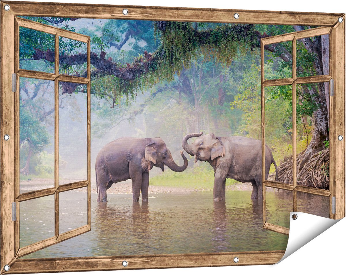 Gards Tuinposter Doorkijk Twee Olifanten in het Water - 120x80 cm - Tuindoek - Tuindecoratie - Wanddecoratie buiten - Tuinschilderij licht bruin
