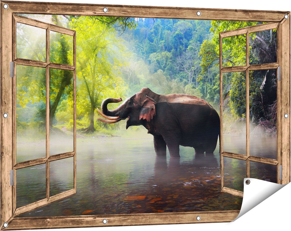 Gards Tuinposter Doorkijk Olifant in het Water - 120x80 cm - Tuindoek - Tuindecoratie - Wanddecoratie buiten - Tuinschilderij licht bruin