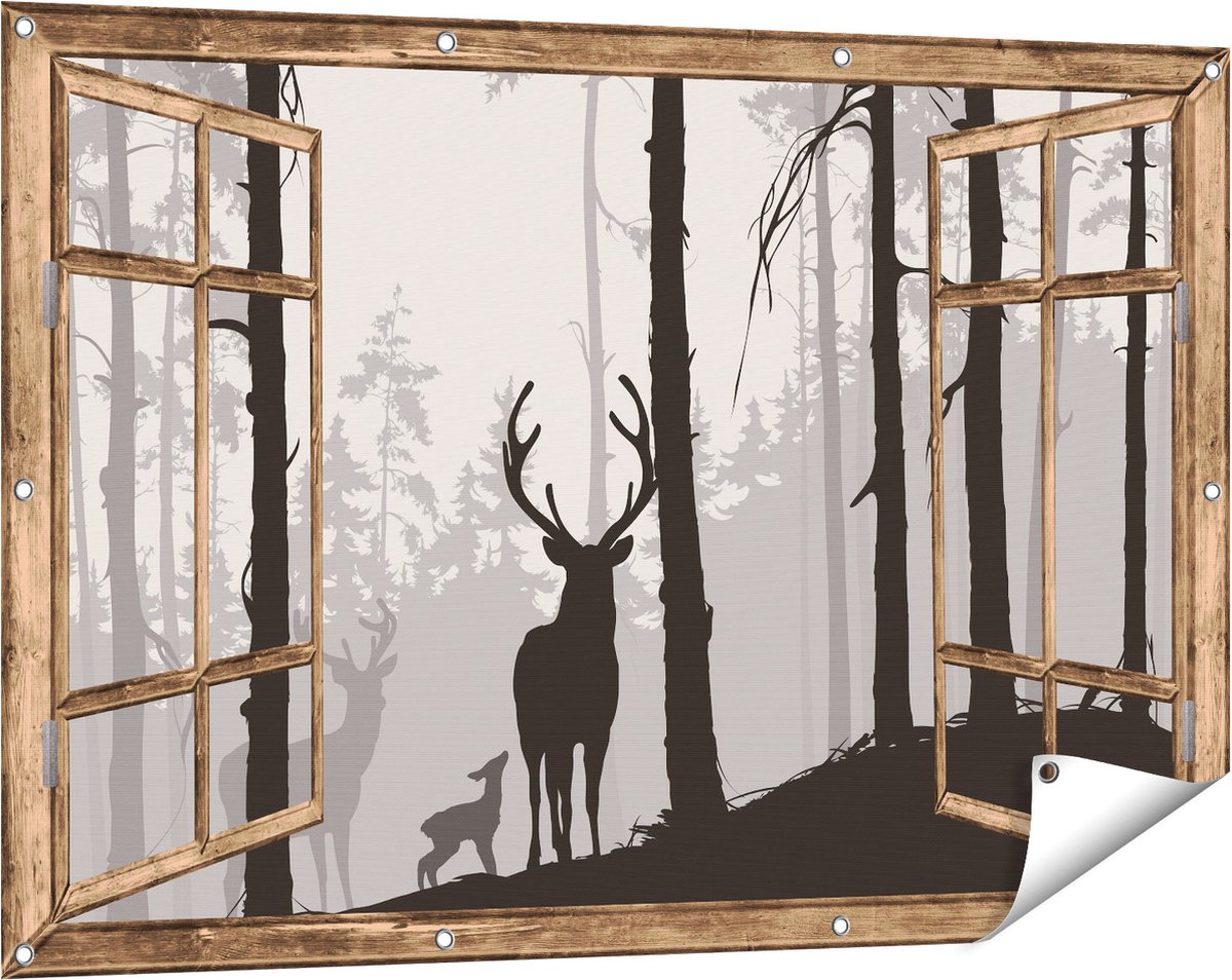 Gards Tuinposter Doorkijk Herten in het Bos - Silhouet - 120x80 cm - Tuindoek - Tuindecoratie - Wanddecoratie buiten - Tuinschilderij Licht bruin