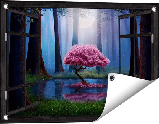 Gards Tuinposter Doorkijk Roze Boom op een Vijver in de Nacht - 60x40 cm - Tuindoek - Tuindecoratie - Wanddecoratie buiten - Tuinschilderij