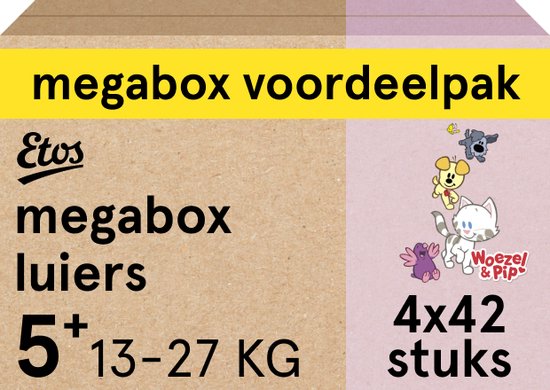 Etos Luiers - Woezel & Pip - Maat 5+ - 13 tot 27kg - Megabox Voordeelpak - 168 stuks