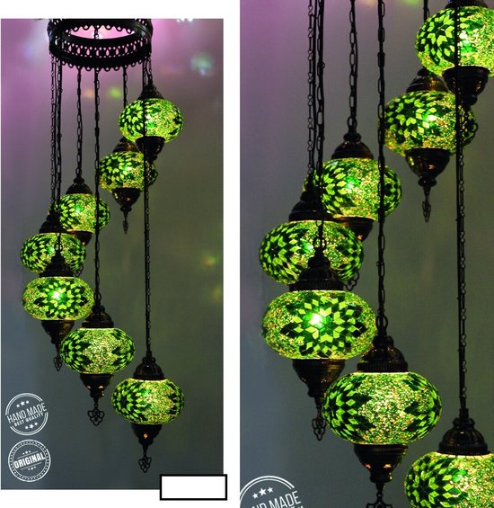 Turkse Lamp - Hanglamp - Mozaïek Lamp - Marokkaanse Lamp - Oosters Lamp - Authentiek - Handgemaakt- Kroonluchter- groen - 7 bollen