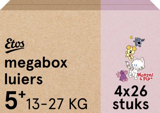 Etos Luiers - Woezel & Pip - Maat 5+ - 13 tot 27kg - Megabox - 104 stuks