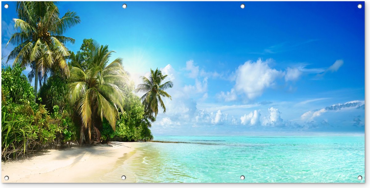 Wanddecoratie buiten Zee - Palmboom - Strand - Tropisch - Blauw - Groen