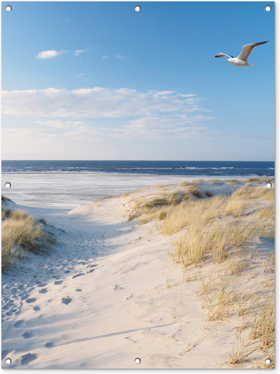 Tuinposter strand - Tuindecoratie zee duinen - 90x120 cm - Tuinschilderij voor buiten - Tuindoek zomer - Wanddecoratie tuin - Schuttingdoek - Balkon decoratie - Muurdecoratie - Buitenposter