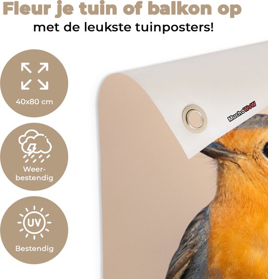 Tuinposter roodborstje 40x80cm, weer- en UV-bestendig met bevestigingsoog.