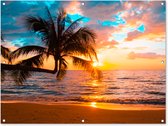 Tuinposter zonsondergang beach - Tuindecoratie strand met palmbomen - 120x90 cm - Tuinschilderij voor buiten - Tuindoek zee tropisch - Wanddecoratie tuin - Schuttingdoek - Balkon decoratie - Muurdecoratie - Buitenschilderij