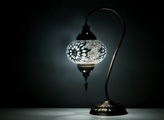 Mozaïek Lamp - Oosterse Lamp - Turkse Lamp - Tafellamp - Marokkaanse Lamp - Boogmodel - Ø 19 cm - Hoogte 42 cm - Handgemaakt - Authentiek - Wit