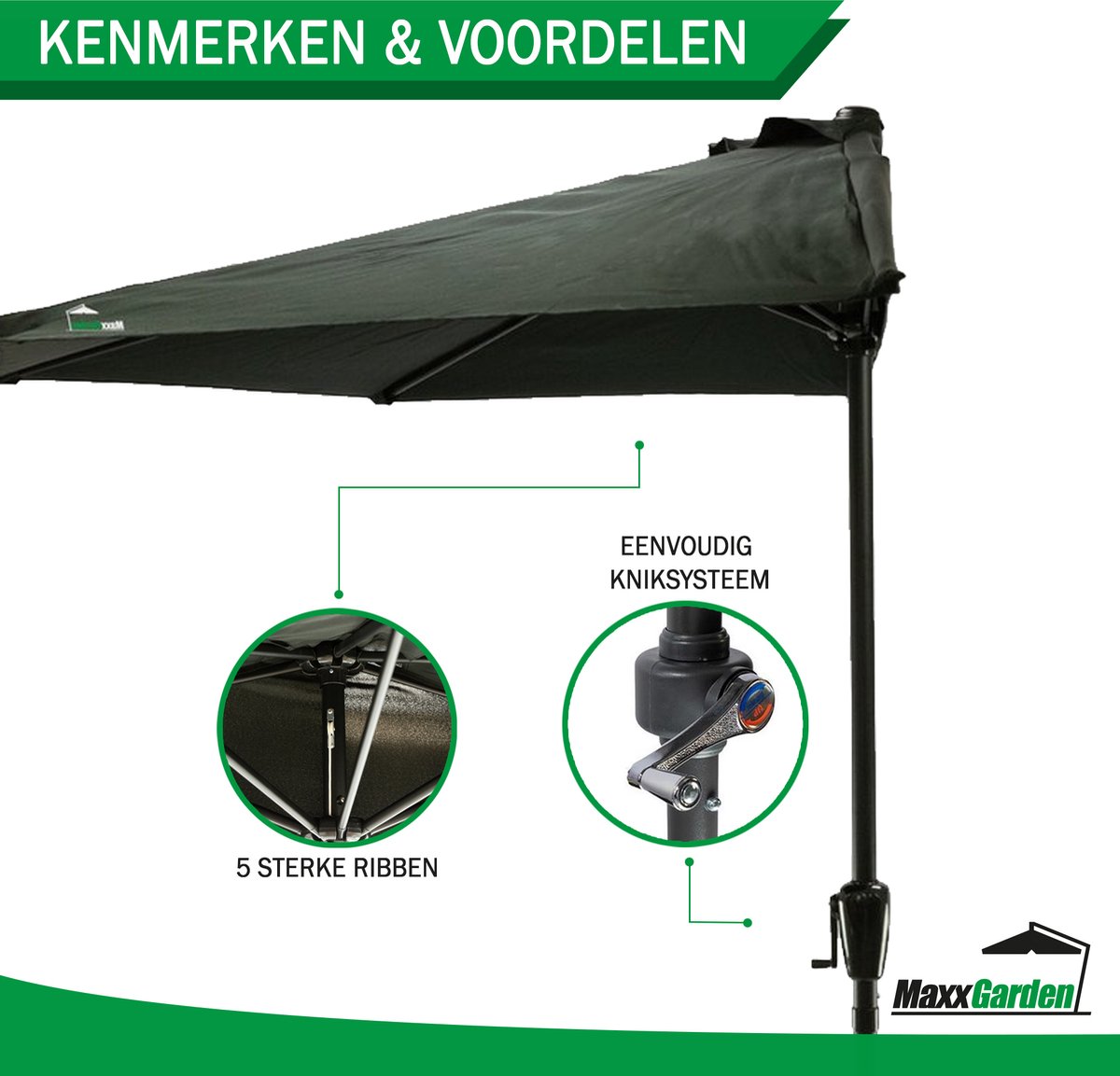 MaxxGarden Balkonparasol - aluminium parasol - halfrond - Ø 270 cm - zwart  - met voet | bol.com