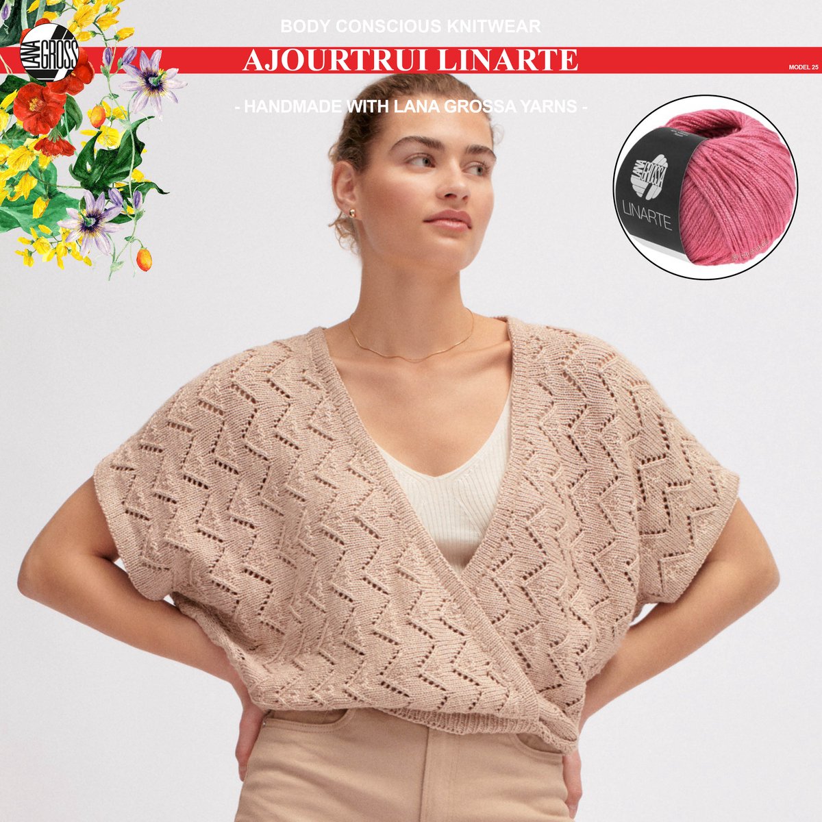 Breipakket ajourtrui mt. 40/42 met Linarte-garen model 25 van Lana Grossa Classici nr. 24-kleur azalea