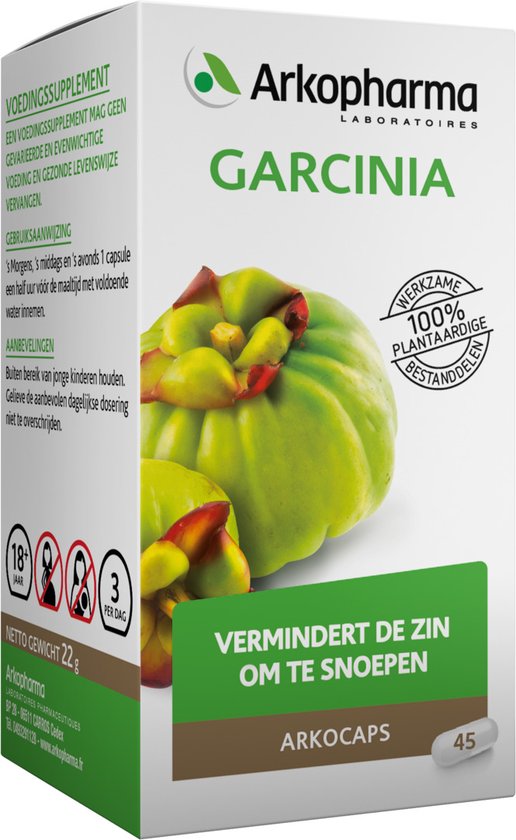 ArkoPharma Garcinia doos met afbeelding van de vrucht en "100% plantaardige bestanddelen". Bevat 45 capsules.