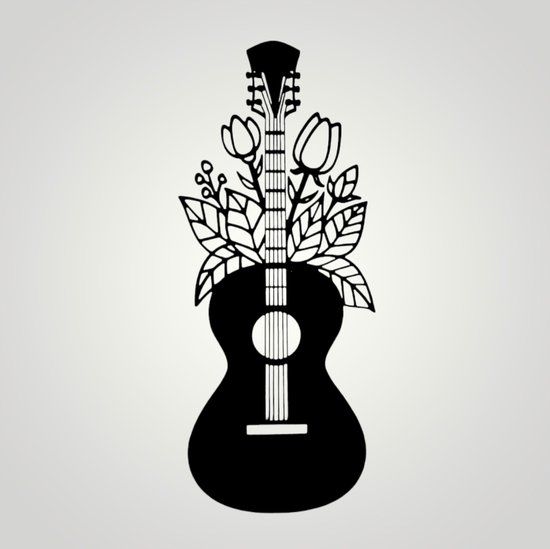 Djemzy - muurdecoratie woonkamer - wanddecoratie - hout - muziek - gitaar met bloemen - zwart - 6 mm mdf