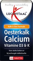 Doos met "Oesterkalk Calcium Vitamine D3 & K" met de tekst "Kalk & Bot Formule" en "100 tabletten".