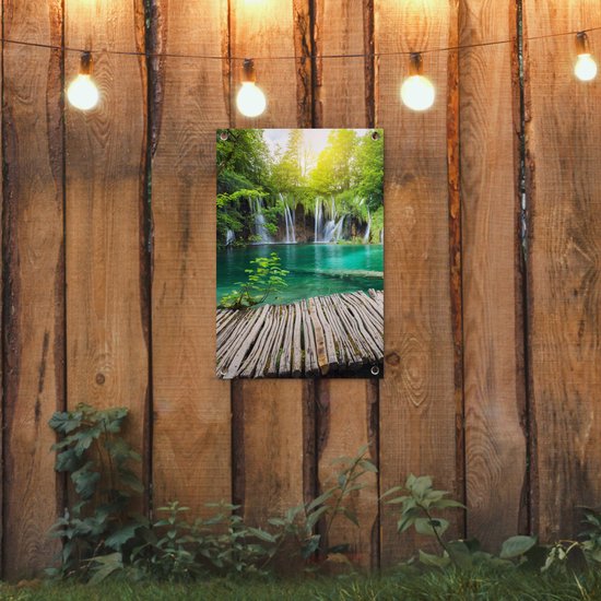 Affiche de jardin - Cascade - Water - Bois - Nature - Pont - Lac - Soleil - 40x60 cm - Toile de jardin - Toile de clôture