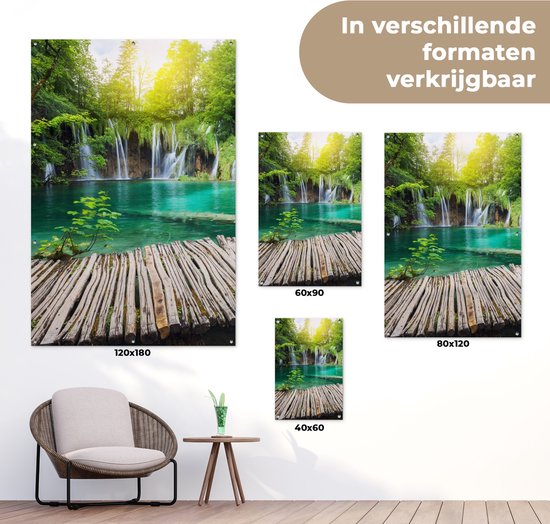 Affiche de jardin - Cascade - Water - Bois - Nature - Pont - Lac - Soleil - 40x60 cm - Toile de jardin - Toile de clôture