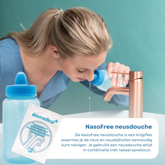 Nasofree Neusdouche - losse neusspoeler - o.a. tegen verkoudheid - pollen door hooikoorts - met 4 zakjes Dos Medical nasaal spoelzout - met Natriumchloride & Natriumbicarbonaat - NasoFree