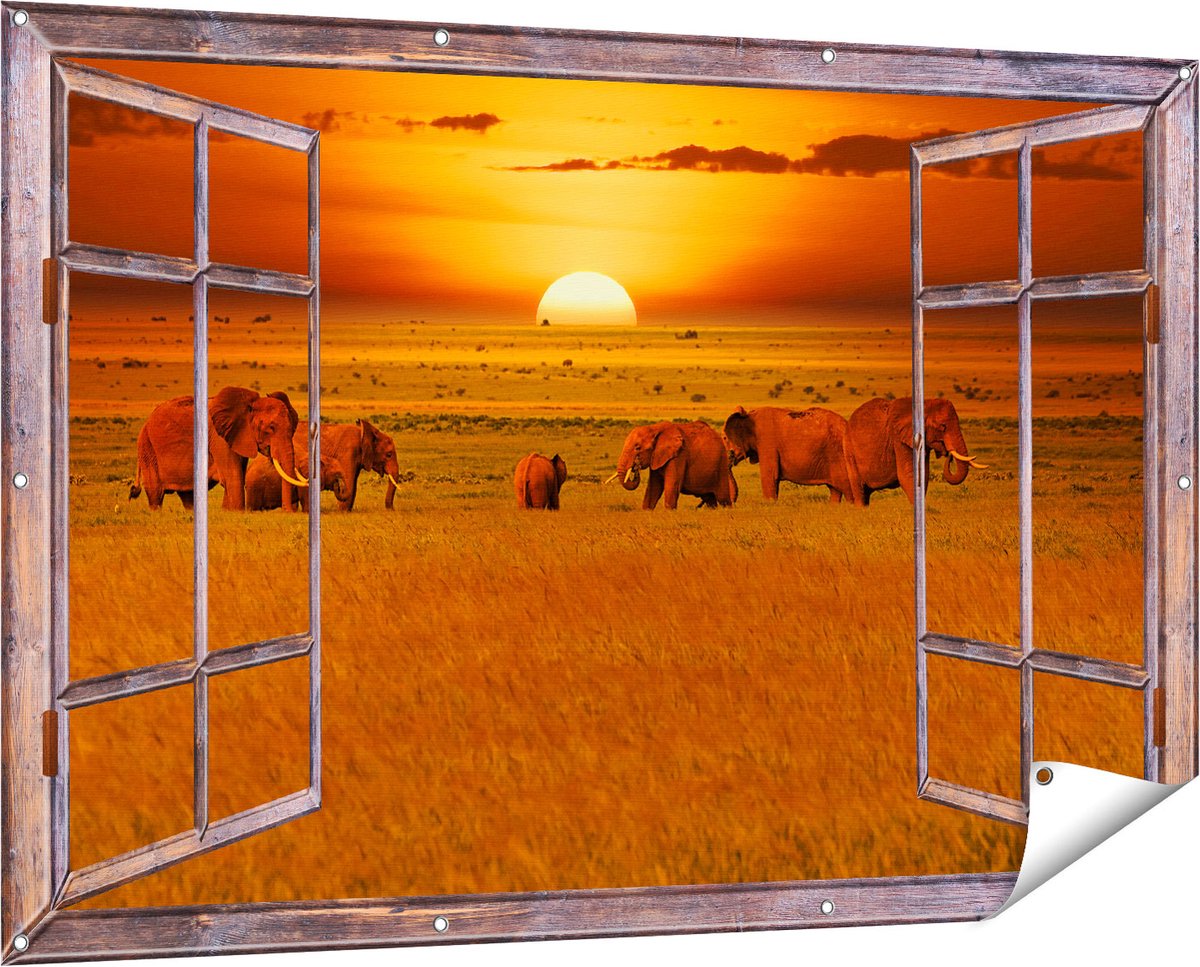 Gards Tuinposter Doorkijk Olifanten in het Wild - Zonsondergang - 150x100 cm - Tuindoek - Tuindecoratie - Wanddecoratie buiten - Tuinschilderij Bruin