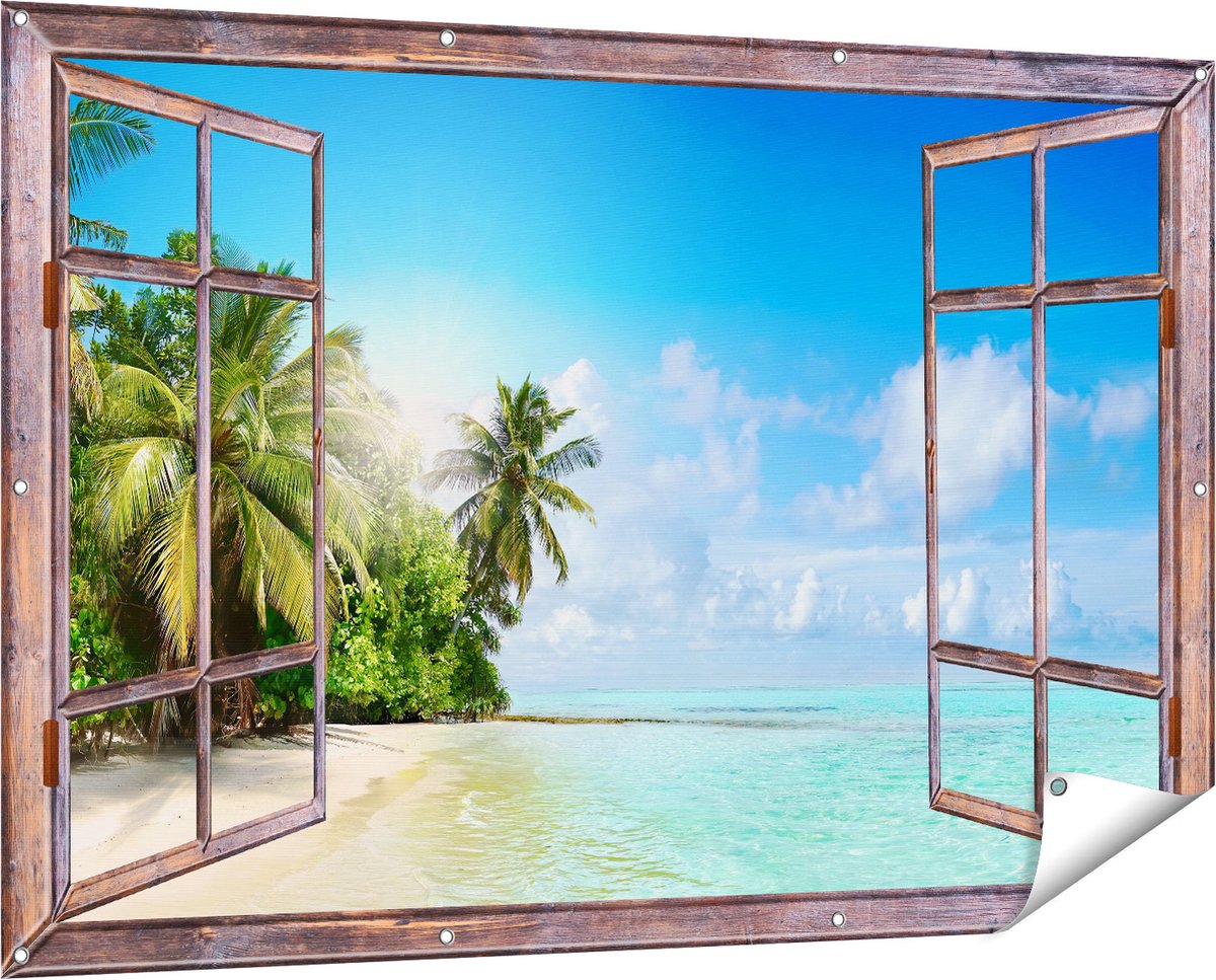 Gards Tuinposter Doorkijk Tropisch Strand bij de Licht Blauwe Zee - 150x100 cm - Tuindoek - Tuindecoratie - Wanddecoratie buiten - Tuinschilderij