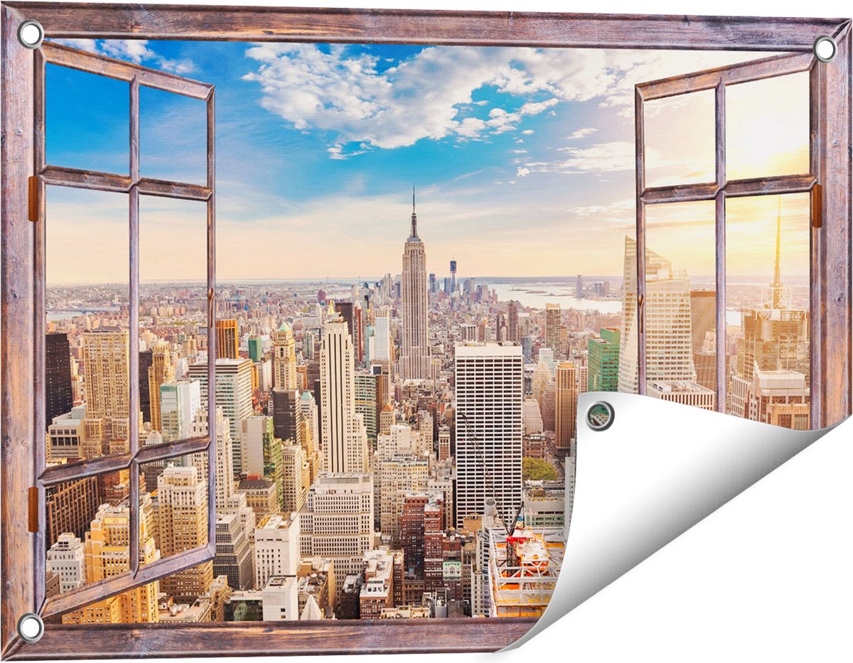 Gards Tuinposter Doorkijk New York Manhattan tijdens Zonsondergang - 60x40 cm - Tuindoek - Tuindecoratie - Wanddecoratie buiten - Tuinschilderij Bruin
