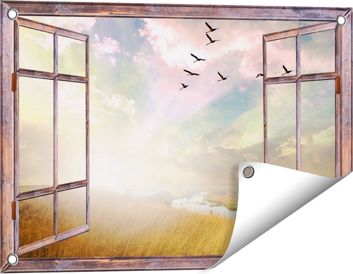 Gards Tuinposter Doorkijk Groep Vogels Vliegen Boven het Gras - 60x40 cm - Tuindoek - Tuindecoratie - Wanddecoratie buiten - Tuinschilderij Bruin
