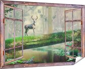 Gards Tuinposter Doorkijk Hert in het Bos op een Boom - 180x120 cm - Tuindoek - Tuindecoratie - Wanddecoratie buiten - Tuinschilderij